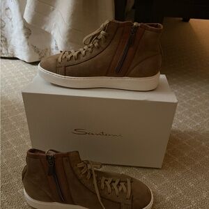 Santoni Suede Shearling Lined High-Top Sneakers with Side Zipper - Size 39